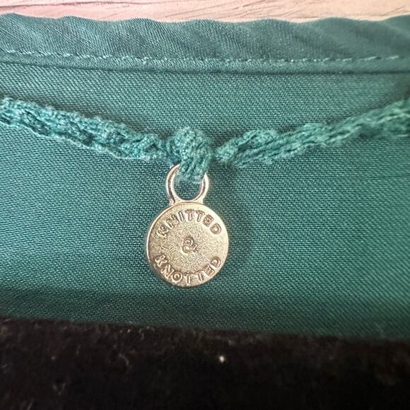 Anthropologie Knitted & Knotted top aqua knit satin crocheted Lace back Layered - Picture 2 of 9